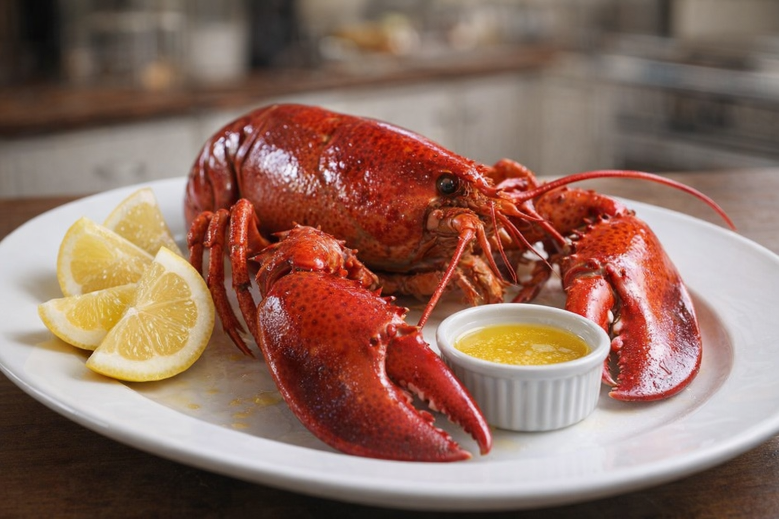 A whole cooked lobster, bright red shell, glistening, plated on a white plate with lemon wedges and a small bowl of melted butter, studio lighting